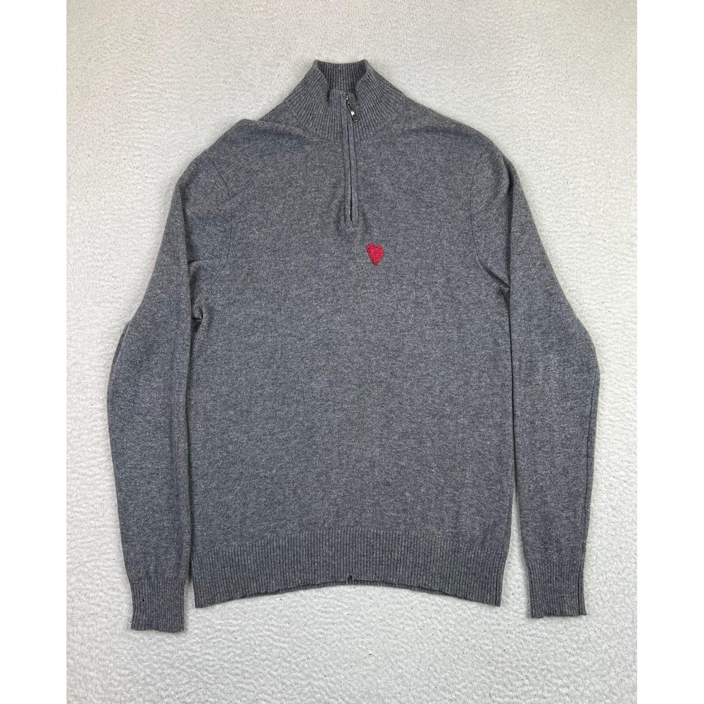 Qi Sweater Mens Large Gray Cashmere Pullover 1/2 Zip Mock Neck Heart Knit